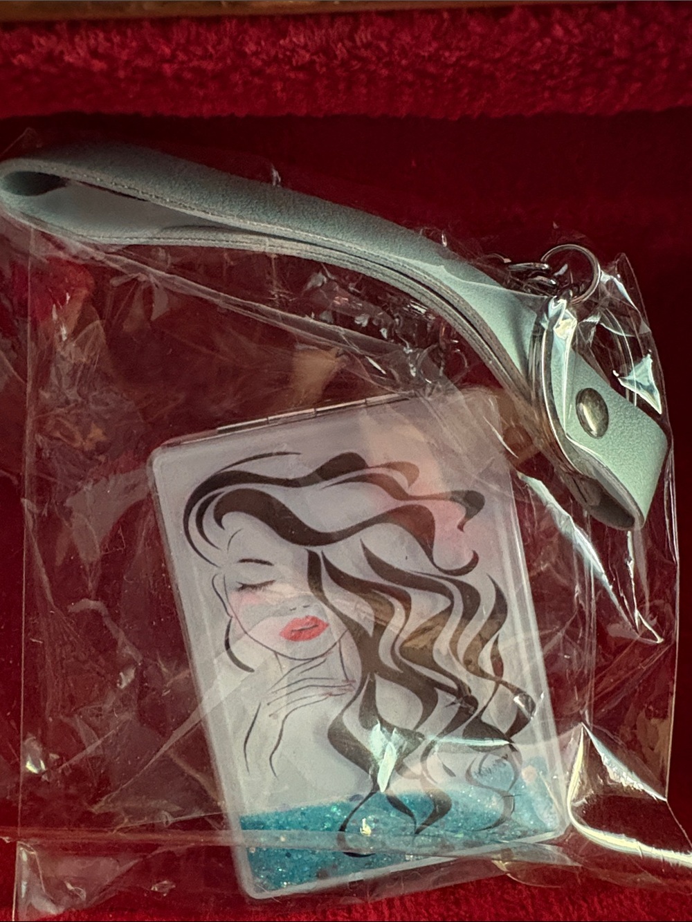 Makeup Compact Double Mirror Keychain with Silver Strap - Pink Accent
